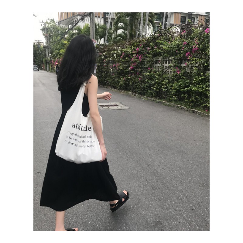 夏韩褶皱飞边粗肩带娃娃裙宽松中长款背心连衣裙裙黑均_2