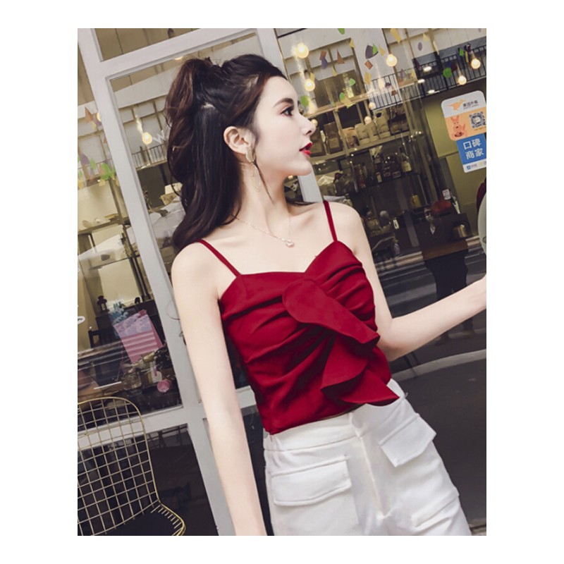 夏韩版气质荷叶边抹胸打底背心气质一字肩带心上衣酒红_6