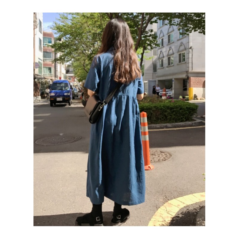 韩夏季复宽松中长款翻领短袖纯单排连衣裙衬衣长裙蓝均_3