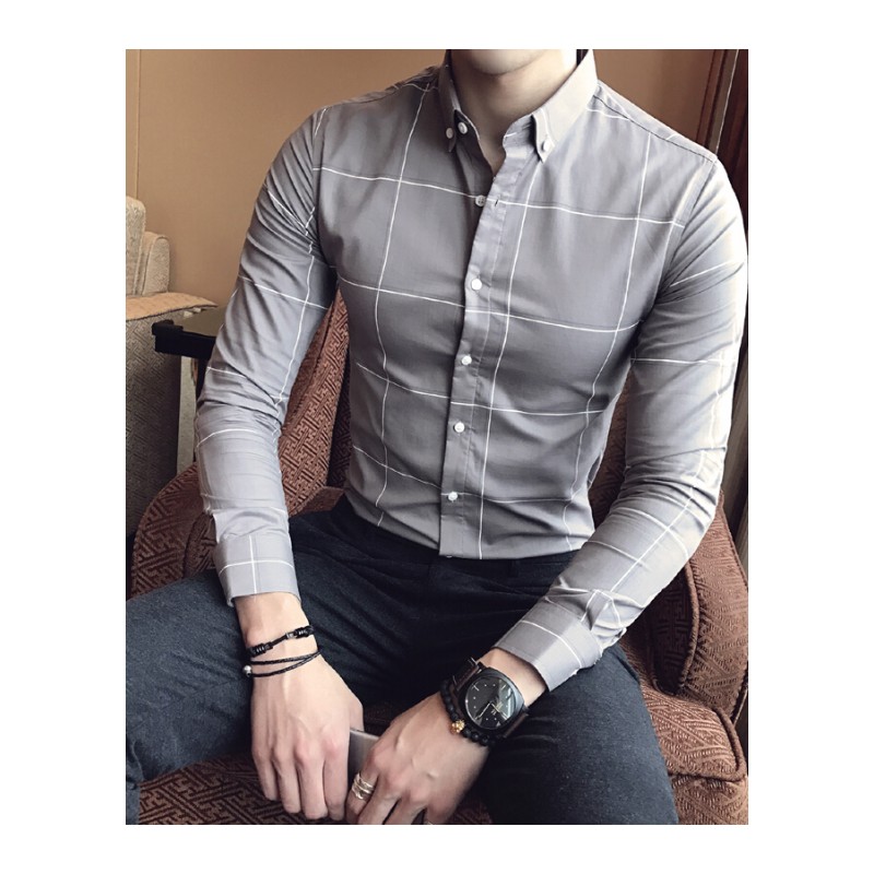 季韩版衬衫男长袖修身英伦青商务格衬衣男型师寸衫