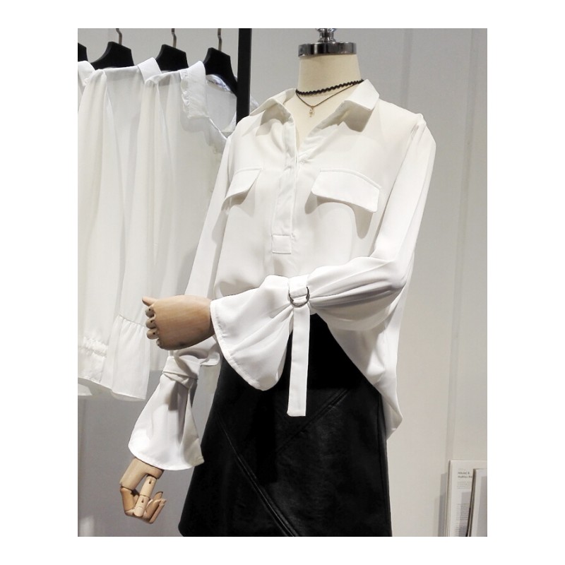 2018款韩版时尚白雪纺长袖衬衫V领绑带衬衣衫上衣61白