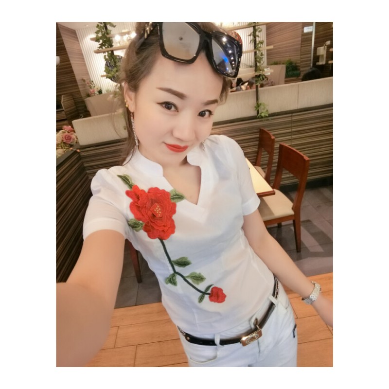 2018夏款修身纯绣花短袖衬衫百搭时尚气质上衣潮_1_3