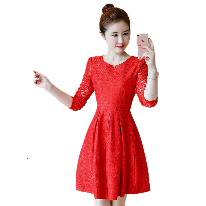 2018款韩版修身圆领长袖摆字裙中长款蕾丝连衣裙