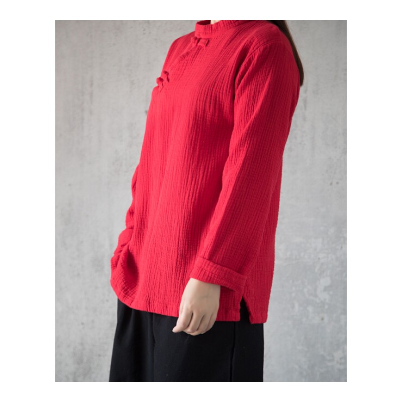 中式复盘立领头衬衫棉麻肌理棉长袖上衣百搭红均