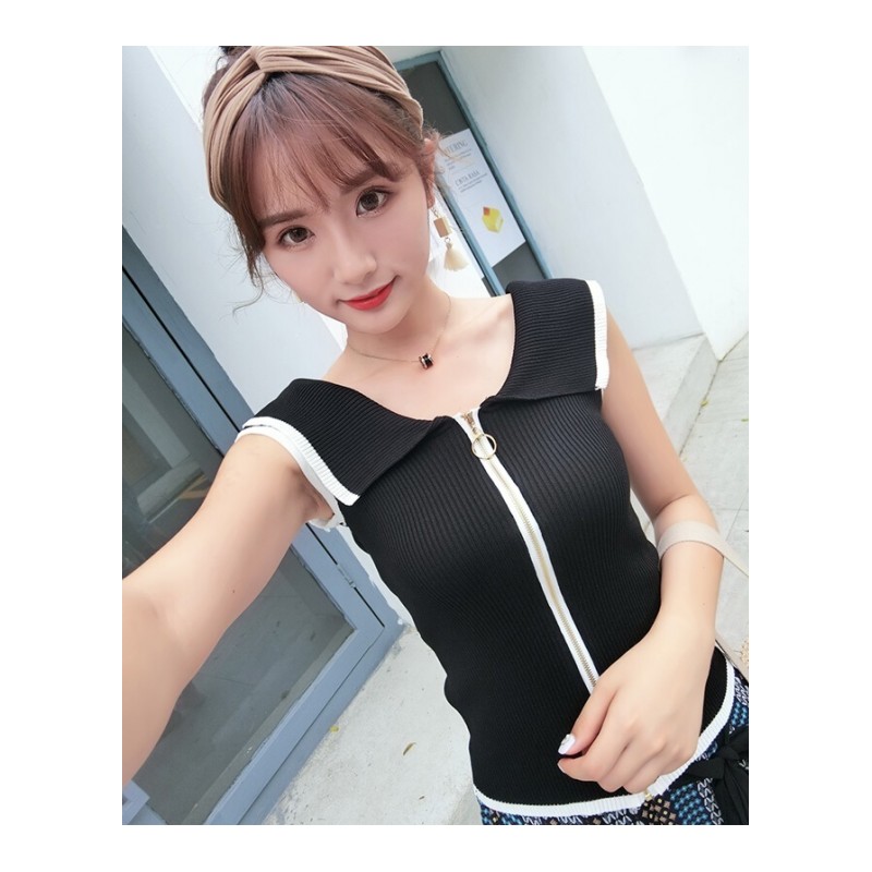 翻领无袖背心带修身两穿夏针织衫T恤气质短款上衣白均_0