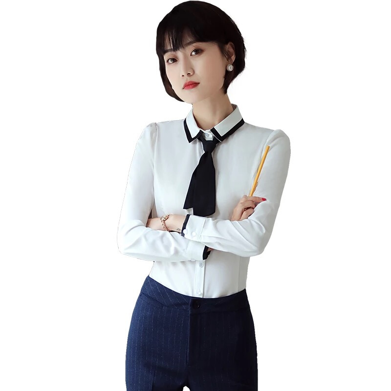 2018春装白色衬衫女长袖正装修身衬衣工作服职业撞色方领工装