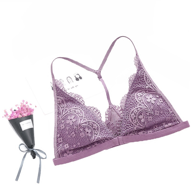 无钢圈文胸薄款性感蕾丝brlette三角杯小胸平胸内衣女无钢圈前扣白色仅上衣