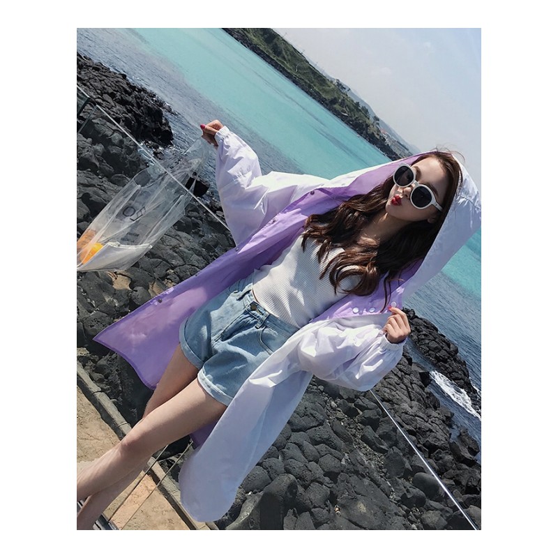 韩国晒衣两面穿海边度假大码宽松中长款连帽风衣外套女紫+白