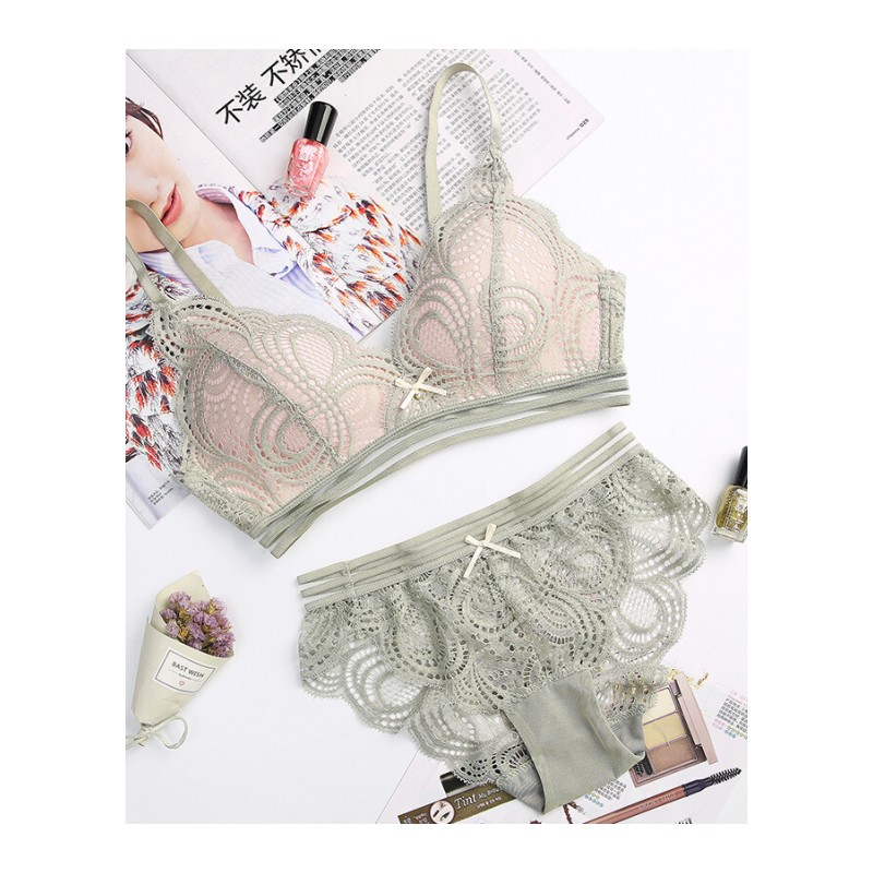 内衣套装女文胸拢无钢圈c薄款小胸上托性感蕾丝三角杯胸罩