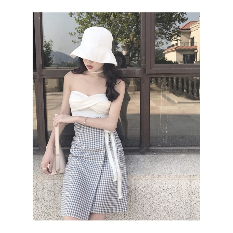 复时髦约弹力修身百搭可爱性感露肩交叉抹胸裹胸女