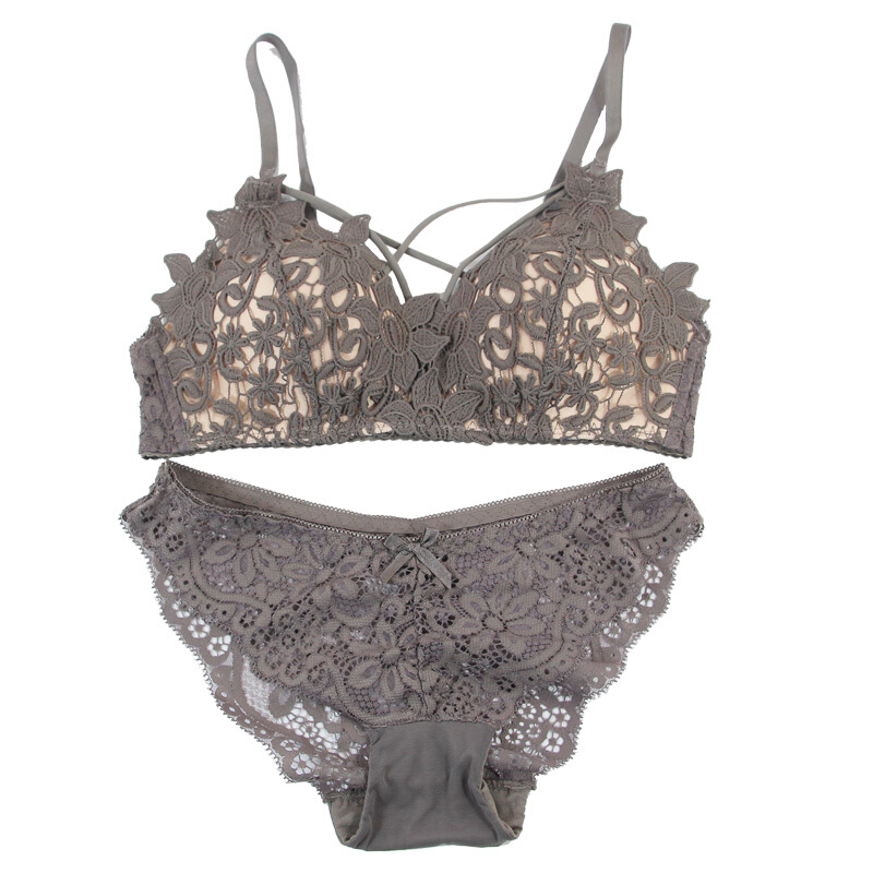 无钢圈文胸拢小胸性感少女薄款上托胸罩蕾丝薄模杯内衣套装黑色中杯38A-85A