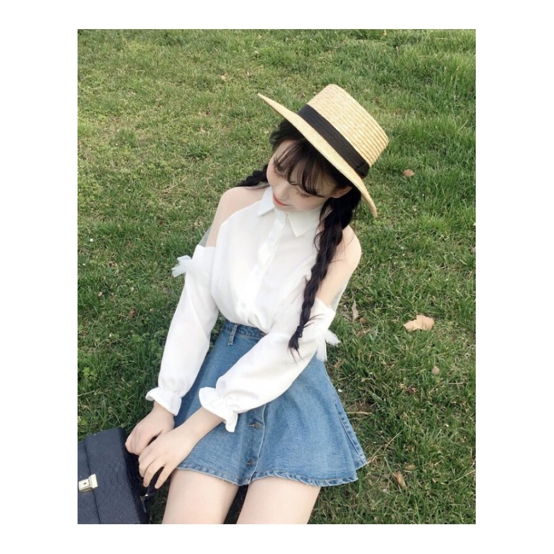 衬衣女长袖2018春装甜美可爱少女小清新网纱拼接小心机上衣白色均码