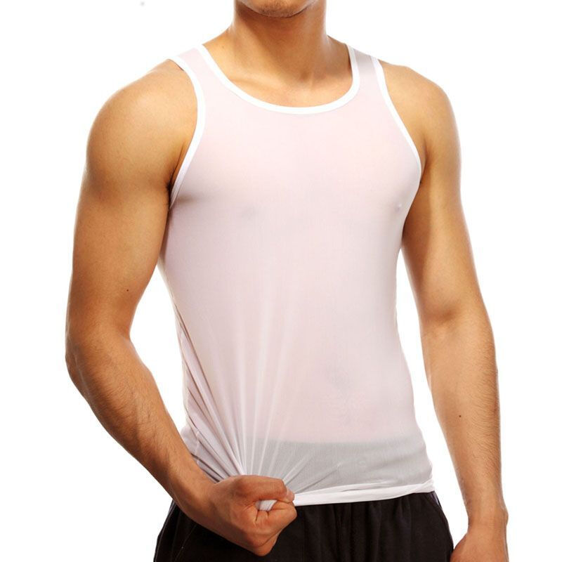 男士网纱全透明网背心夏季弹力修身冰丝运动背心
