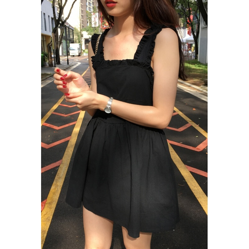 夏季韩国chic风褶皱小飞袖黑色粗肩带娃娃裙高腰无袖背心连衣裙女黑色长款均码