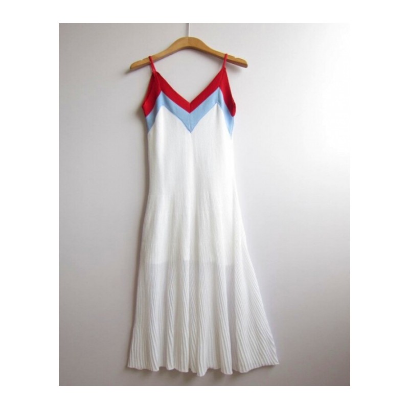 夏季女装针织带连衣裙双层V领长款拼色边18长裙法式风长裙白色均码