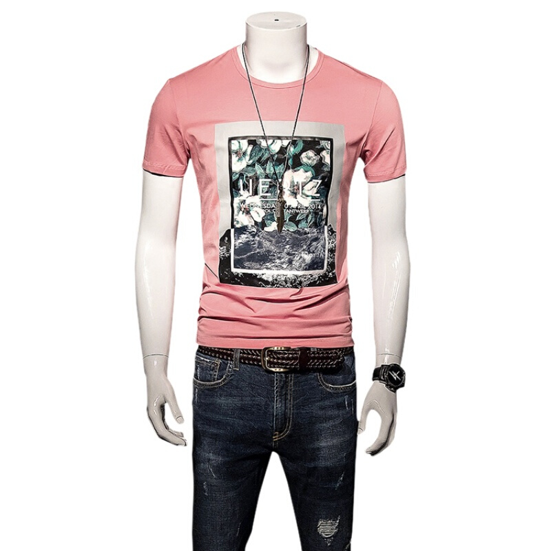 男士短袖T恤夏季男装半袖印花体恤韩版修身打底衫圆领大码衣服潮