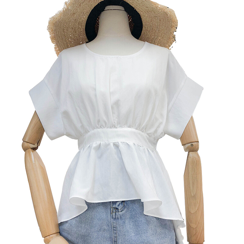 2018韩国夏装后背开叉圆领短袖衬衫女士修身收腰上衣 白色 均码