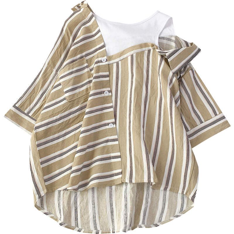 夏装2018女装韩版甜美小清新拼接衬衫女学院风潮咖啡条均码