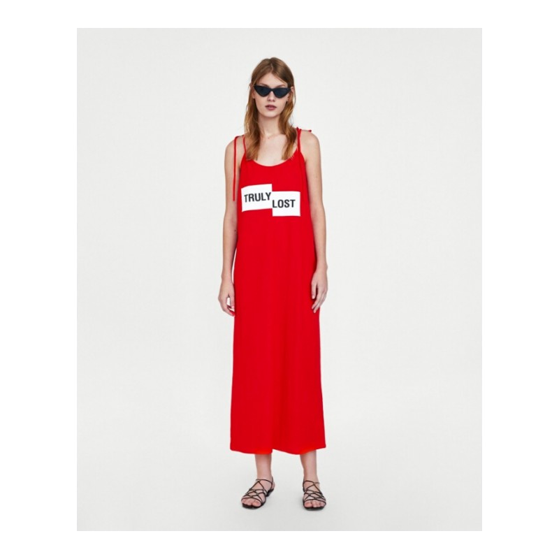 18夏季款欧美范字母标语印花大红色带垂感长裙女背心裙红色标语带长裙