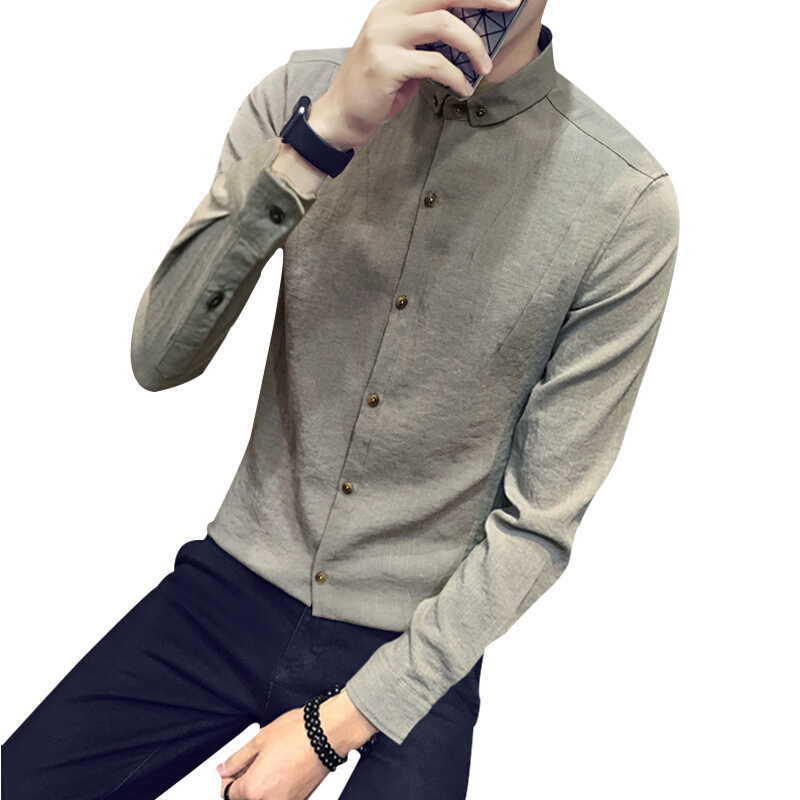 衬衫男长袖2018春季新款韩版潮流修身青年纯色棉麻上衣服男士衬衣