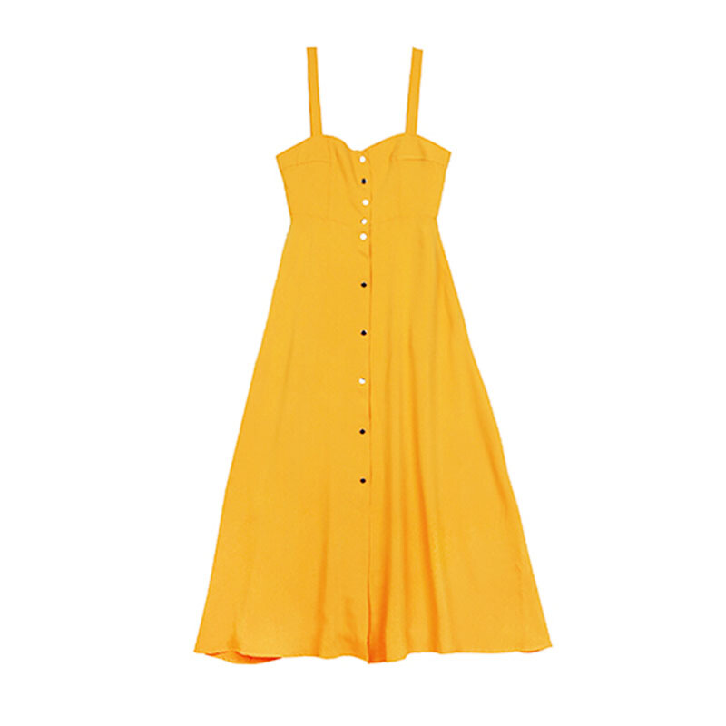 夏季连衣裙女中长款气质黄色高腰带显瘦海边度假裙鹅蛋黄