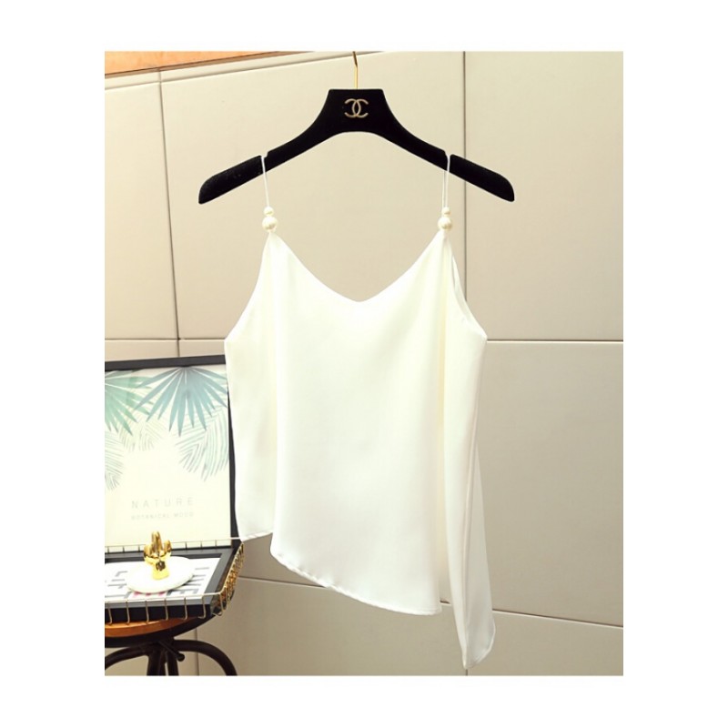 斜边不对称带背心女夏季韩版纯色v领性感钉珠串珠细带上衣