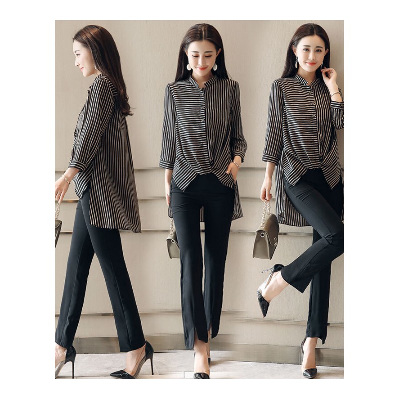 大码女春装胖MM200斤2018雪纺上衣胖妹妹两件套显瘦洋气套装黑色