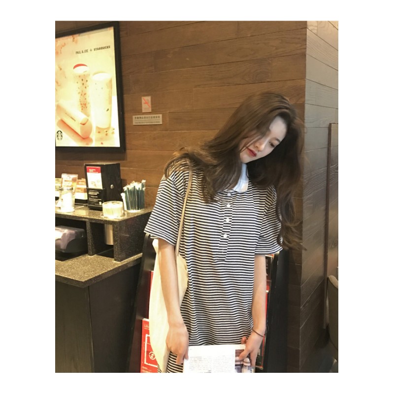 夏季韩版POLO领细条纹中长款宽松侧开叉懒人短袖T恤连衣裙女 图片色 均码