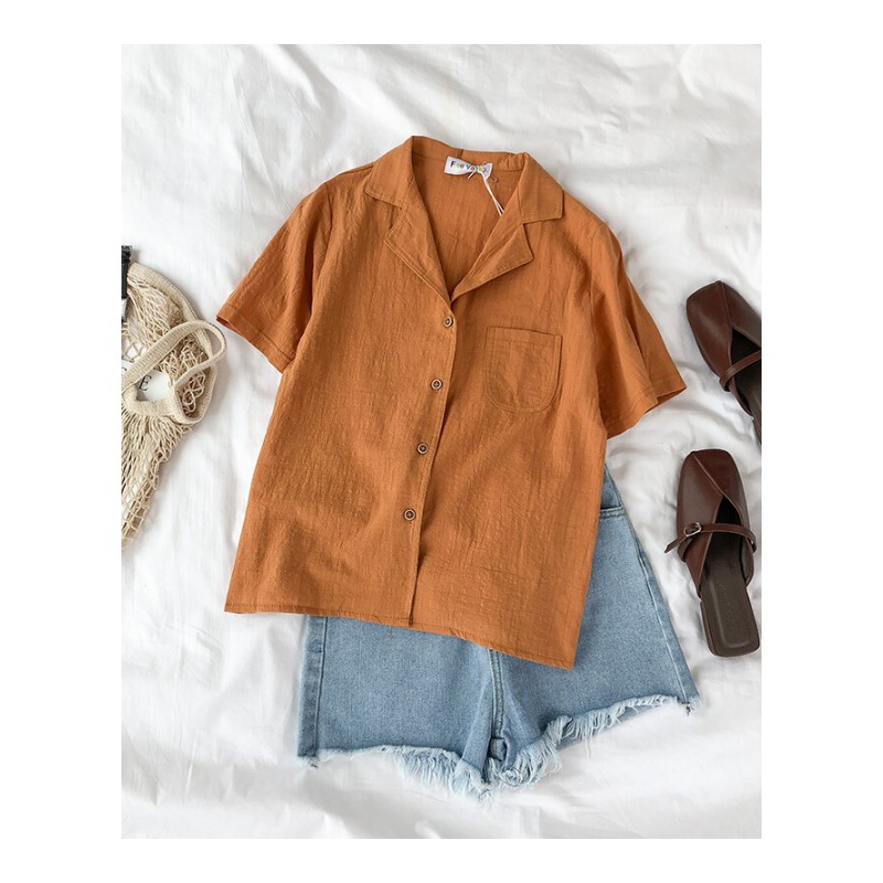 夏装2018女装韩版文艺港味短袖衬衫女气质打底衫姜黄均码