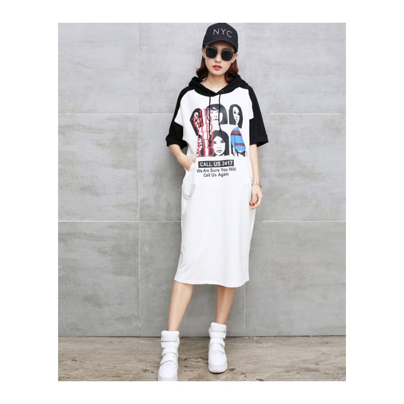 加肥大码夏季女装T恤胖mm宽松休闲中长款连帽撞色连衣裙200斤