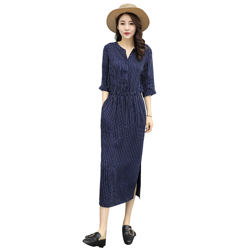 气质2018春夏女装韩版收腰显瘦圆领开叉长裙时尚连衣裙藏青色