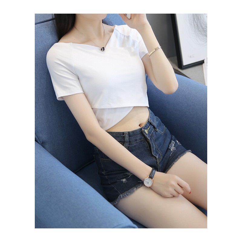 露脐短袖女夏韩版修身学生交叉性感漏肚脐超短款T恤紧身高腰上衣