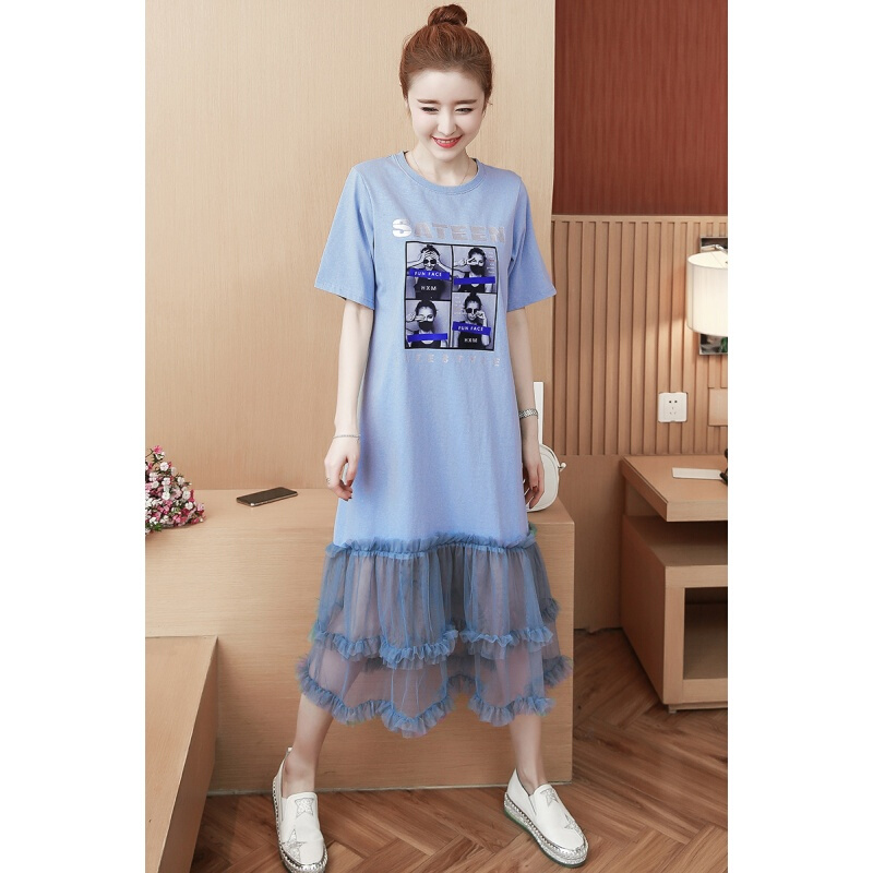 大码女装夏季2018胖mm印花拼接网纱显瘦遮肚子连衣裙200斤穿浅蓝色