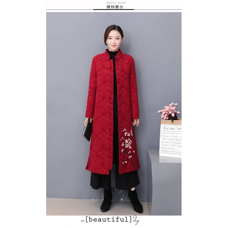 复古冬季旗袍女加厚保暖中国风棉外套大衣长袖唐装两件套装酒红色外套+裤子