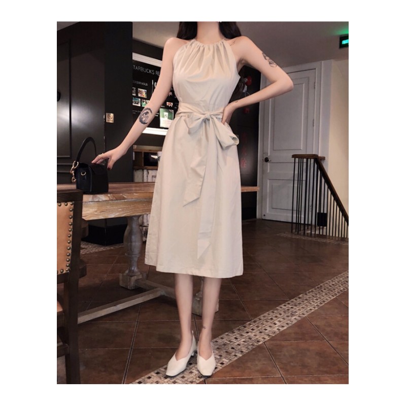 夏季韩版时尚中长款气质蝴蝶结绑带收腰显瘦挂脖连衣裙女复古绿均码