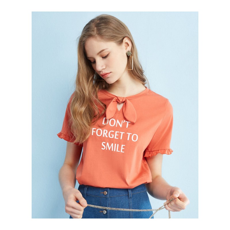 2018夏装宽松显瘦圆领套头系带字母木耳纯色短袖T恤女橘色