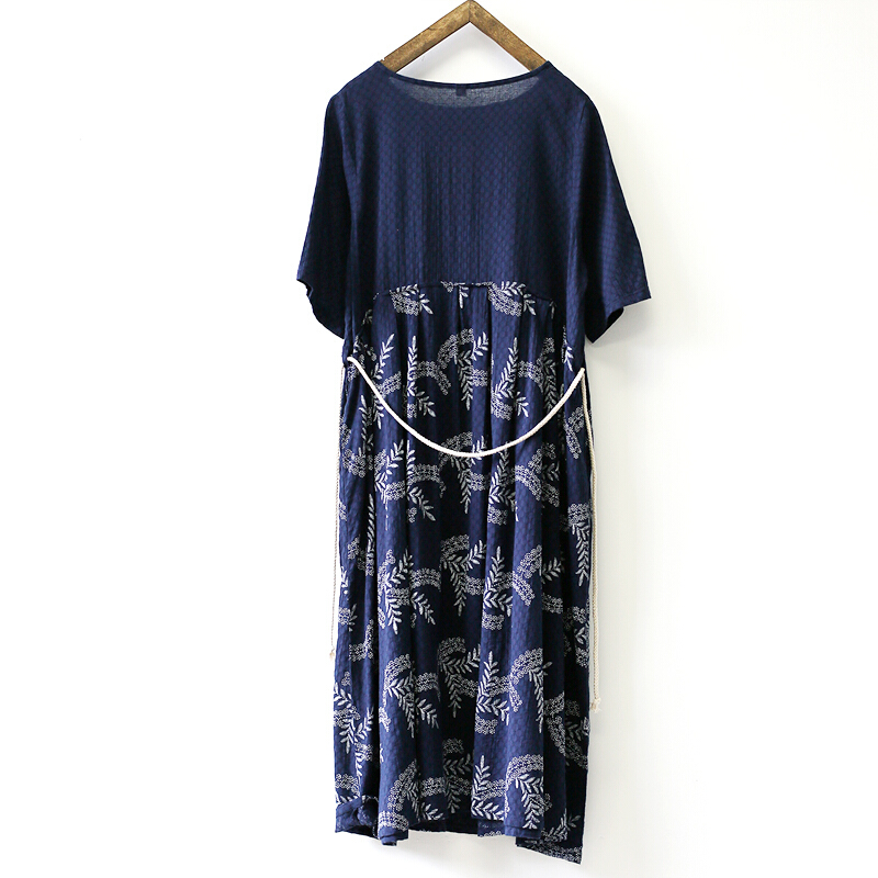 2018夏季 拼接褶皱印花棉复古圆领宽松旅行抽绳连衣裙女 蓝色 均码
