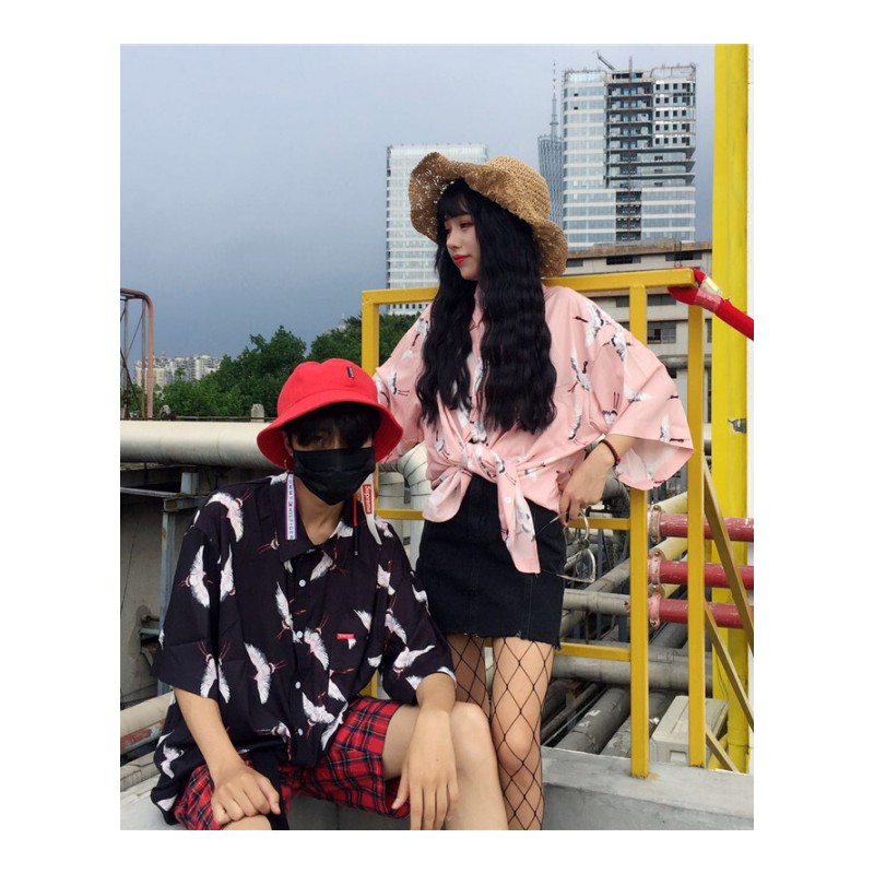 夏装韩版原宿风仙鹤印花宽松中长款落肩短袖衬衣男女情侣衬衫上衣粉红色均码