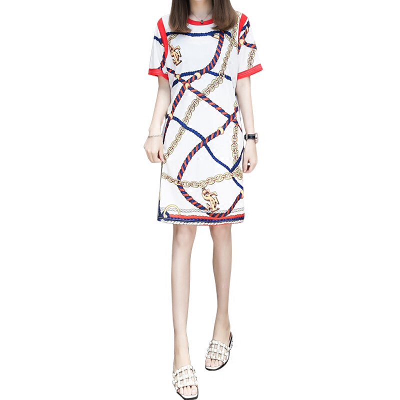 加肥加大码女装胖mm200斤中长款短袖连衣裙夏季T恤减龄时尚休闲女图片色