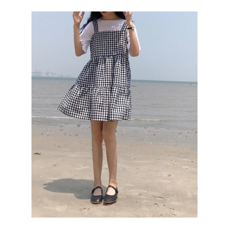 裙子女夏装2018韩版格子带露肩冷淡风连衣裙黑色短款均码