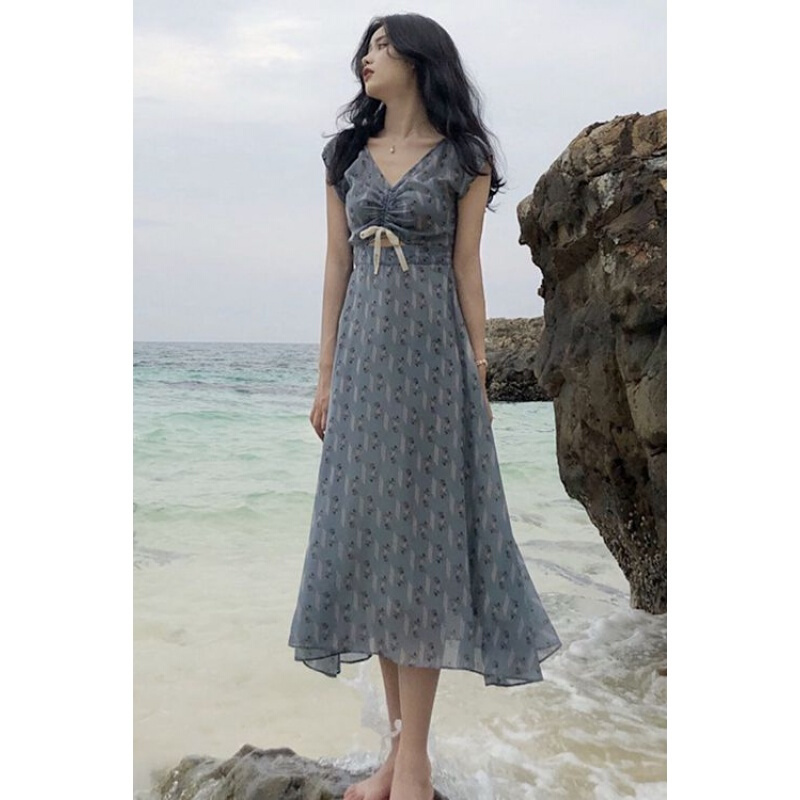 夏季韩版宽松显瘦大V领无袖中长款A字裙大摆型高腰连衣裙女