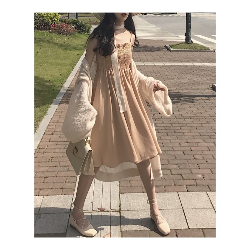 春夏韩版中长款性感褶皱带连衣裙宽松防晒开衫两件套女豆绿色带裙均码