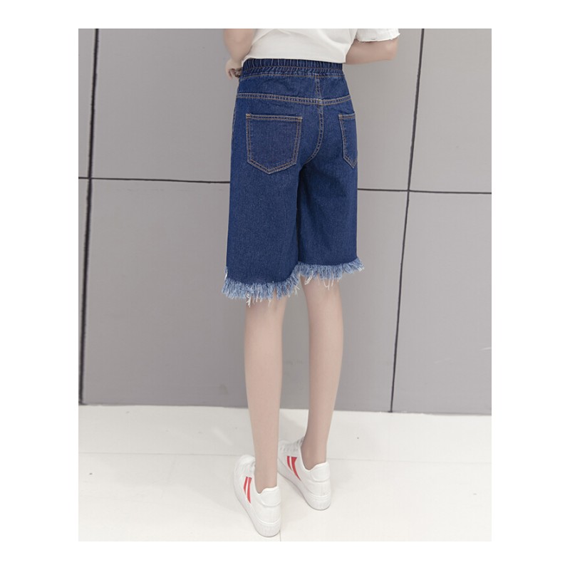 夏季胖MM大码5分裤牛仔裤松紧腰200斤可穿加肥加大码休闲短裤女蓝色