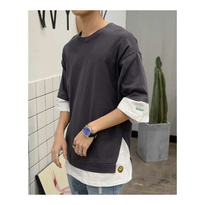 2018夏季新款拼色假两件短袖T恤男士加肥大码圆领体恤韩版潮男装