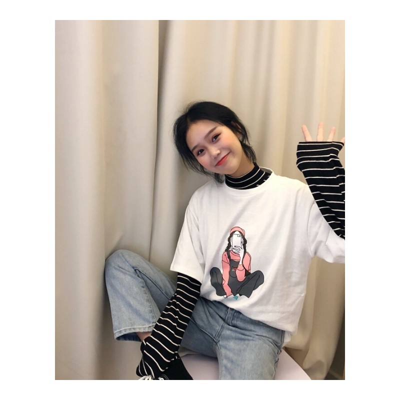 春夏女装韩版宽松可爱卡通女孩印花短袖T恤学生打底衫上衣潮白色均码