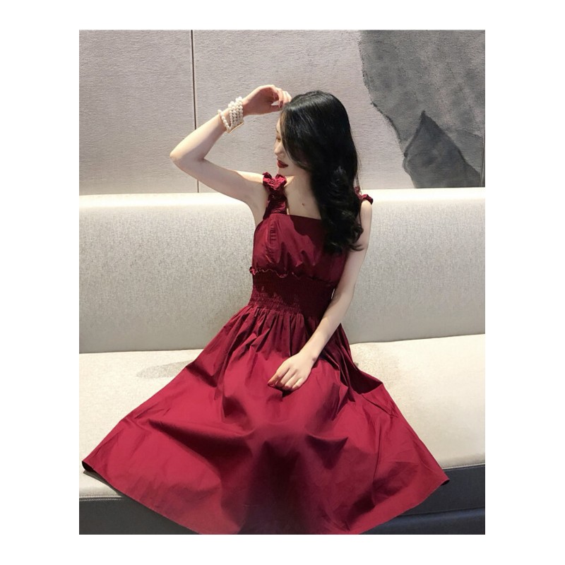 港味复古方领背带中长款收腰带显瘦连衣裙女夏 红色 均码