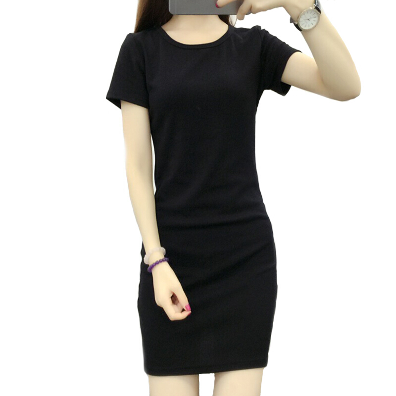 夏季韩版中长款纯色简约短袖T恤女圆领修身打底衫上衣