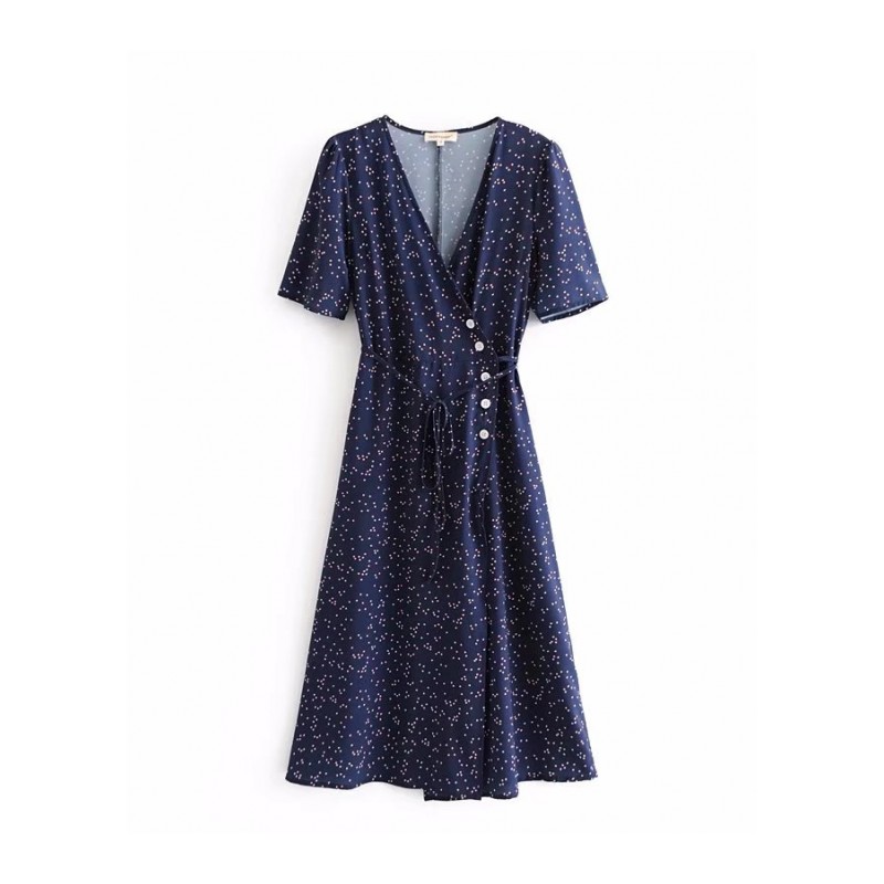 2018夏季短袖纽扣装饰蓝底白点斜襟系带V领连衣裙裹裙女如图