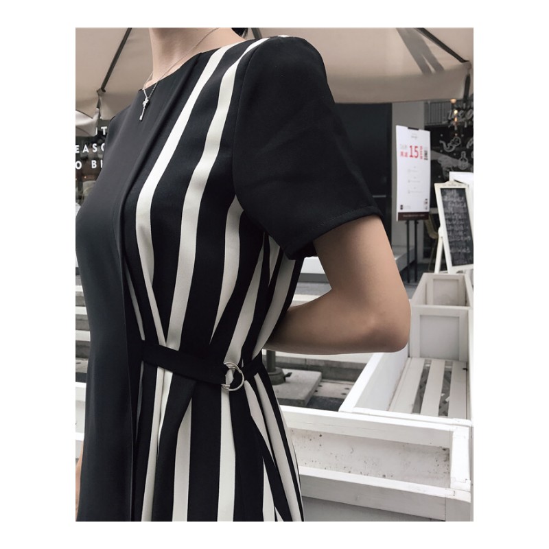 港味夏季撞色背白条纹拼接腰部绑带收腰气质中长款短袖连衣裙女图色