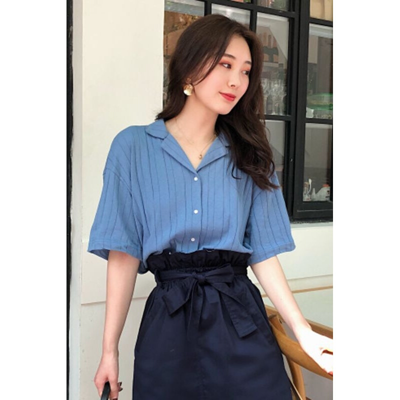 夏季韩版复古休闲翻领短袖单排扣纯色针织衬衫上衣女 蓝色 均码